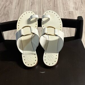 Tory Burch Off-White Leather Slide Sandals with Gold Buckle Accent
